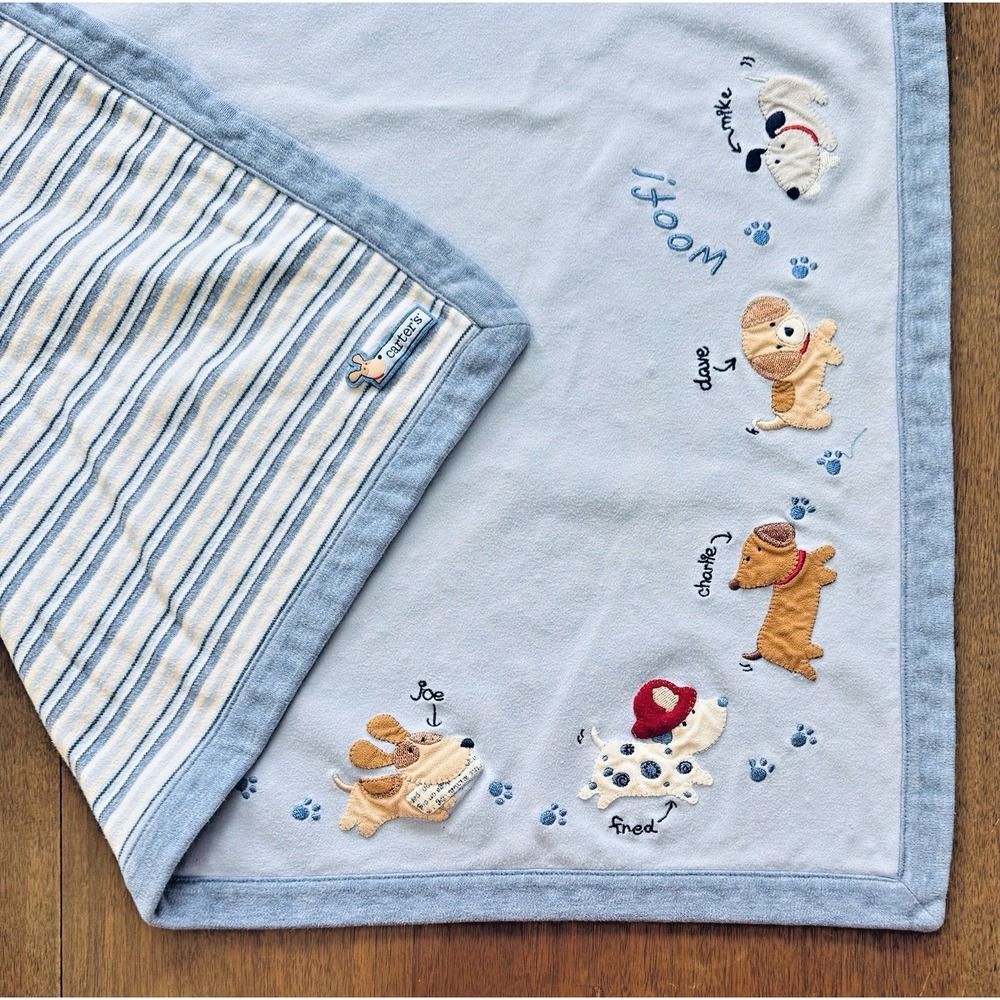 Carter's Baby Blanket Puppy Dogs Woof Blue Stripe Cotton Lovey Security 28x28